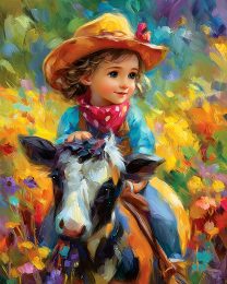 Baby Cowgirl Riding a Baby Cow