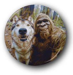 Bigfoot & Wolf Selfie - One Inch Pinback Button