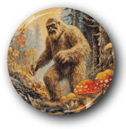Bigfoot Among Amanita Mushrooms - One Inch Pinback Button