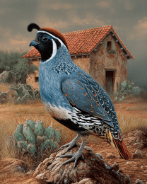 Gambel's Quail Near Adobe House