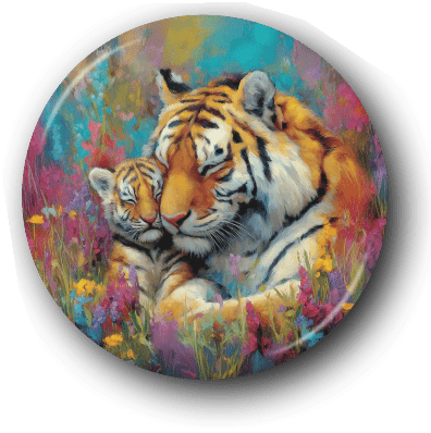 Tiger Mom & Baby - Zoo Animals - One Inch Pinback Button