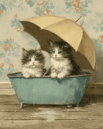 Vintage Kittens with Umbrella in a Bathtub
