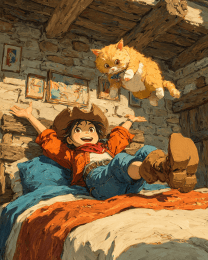 Tabby Cat Pouncing on Young Girl