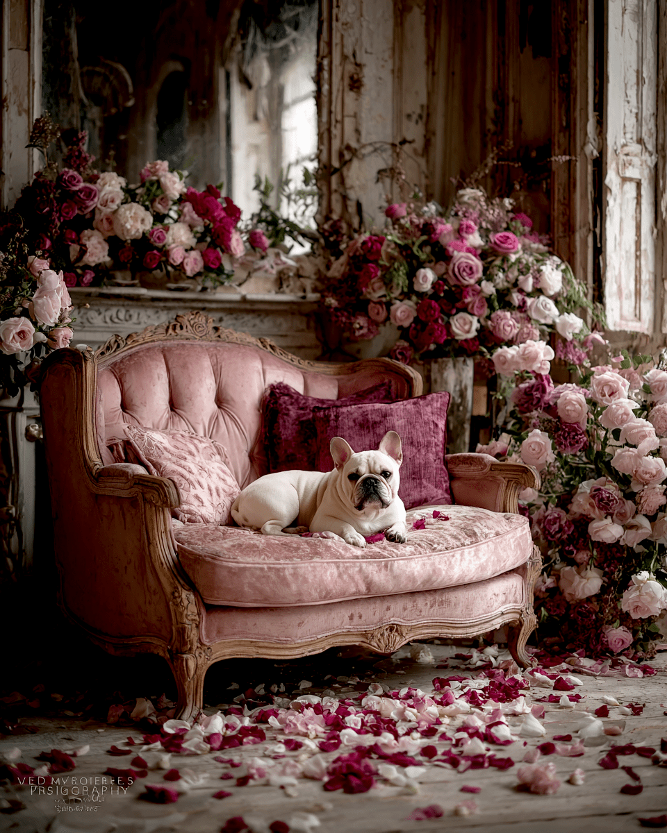 French Bulldog on Pink Sofa