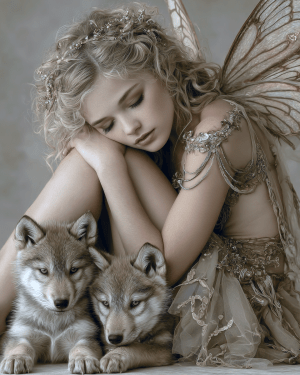 Fairy with Her Wolf Pups
