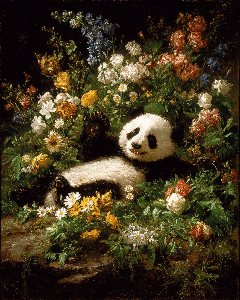 Panda Bear Relaxing in Flower Bed