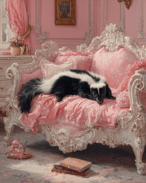 Skunk on Pink Bed