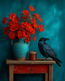 Bright Red Flowers & Raven