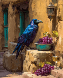 Raven, Grapes and Wine Glass