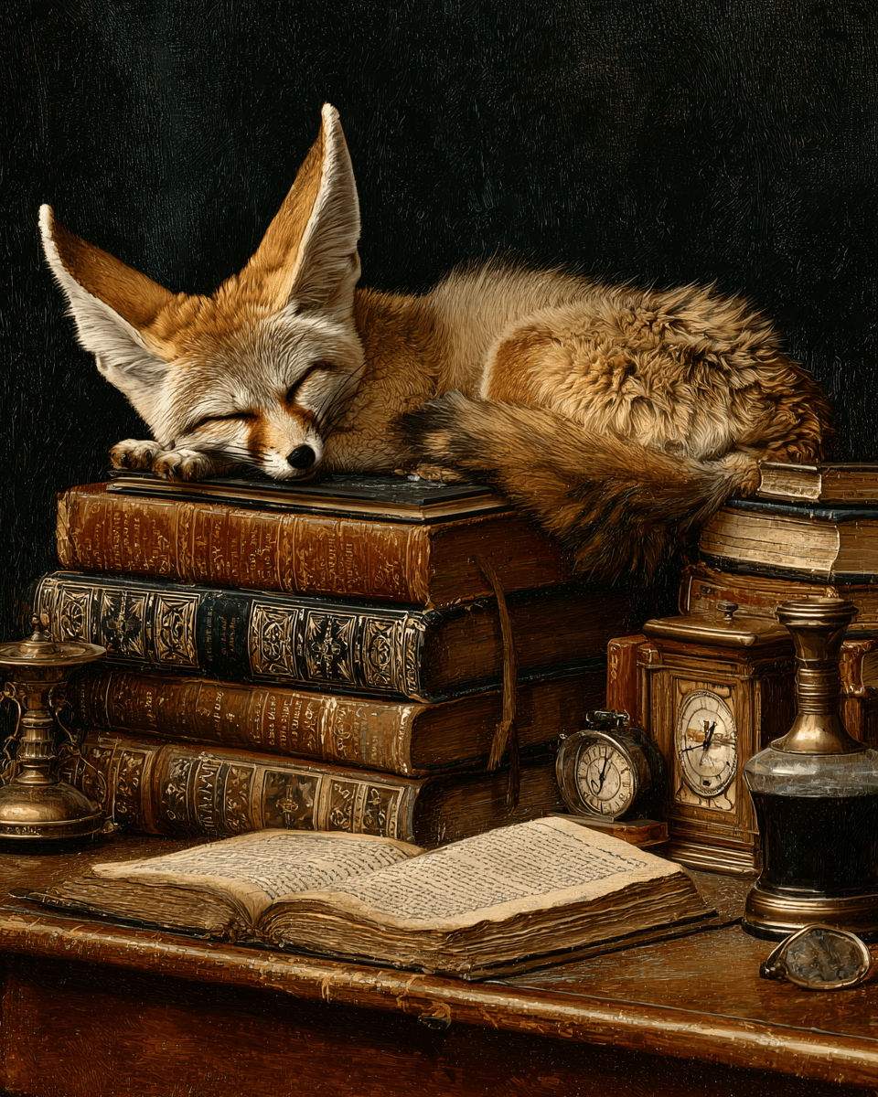 Fennec Fox Sleeping on Stack of Books