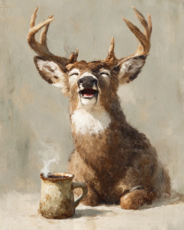 Happy Buck Deer with His Morning Coffee