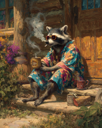 Raccoon Smoking a Joint with the Morning Coffee
