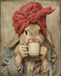 Irma the Rabbit with Morning Coffee