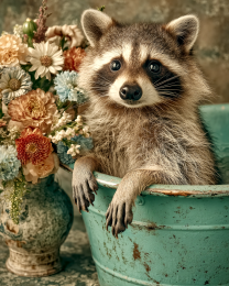Raccoon in Tub with Flowers