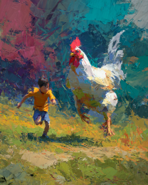 Large Chicken Chasing a Small Boy