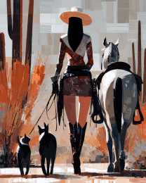 Vaquera con su Caballo y Sus Gatos