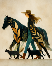 Nature Walk with Her Horse and Cats