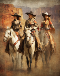 Three Cowgirls Riding Through the Canyon