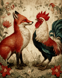 Rustic Timid Fox and Bold Rooster