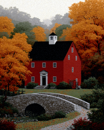 The Red Schoolhouse Beyond the Old Stone Bridge