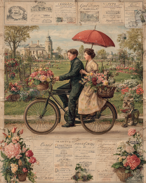 Vintage Couple on Bicycle with an Umbrella