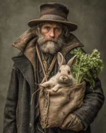 Vintage Man with His Rabbit and Carrots