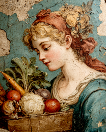 Vintage Rustic Fresco Woman and Vegetables Still-Life