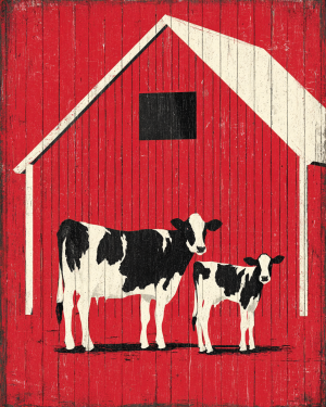 Cow, Calf and Red Barn