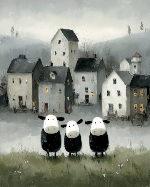 Three Cows in Front of Village