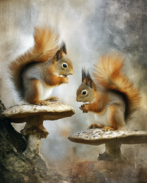 Two Squirrels on Mushrooms