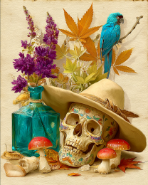Amanitas, Skull in Hat & Parrot Still-Life
