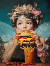 Fast Food Fairy Eating A Cheeseburger Art Print