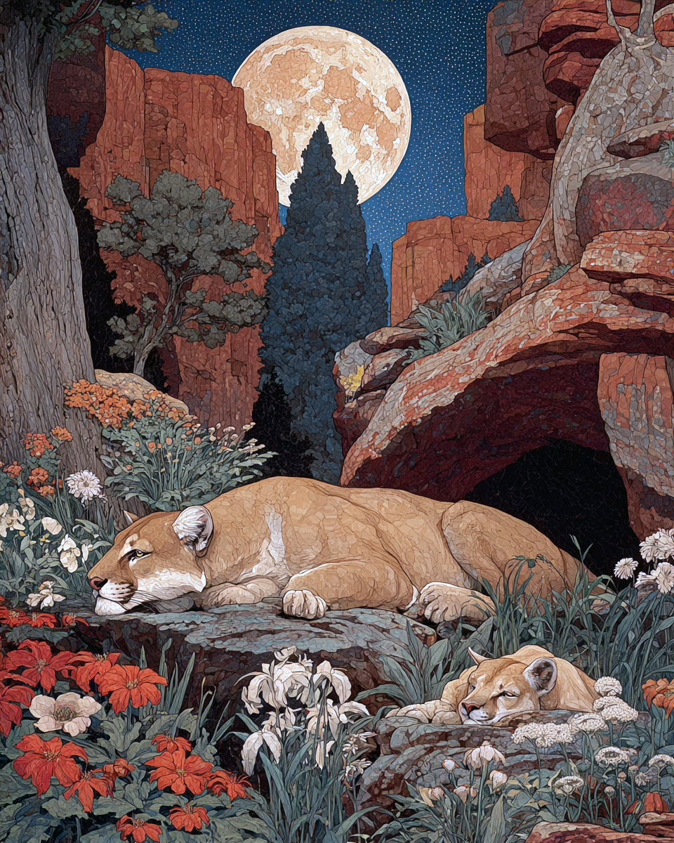 Art Nouveau Montain Lion Daydreaming
