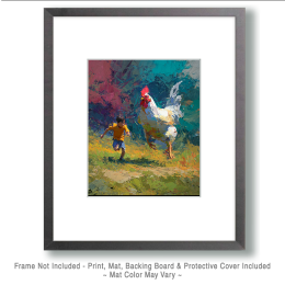 Large Chicken Chasing a Small Boy Art