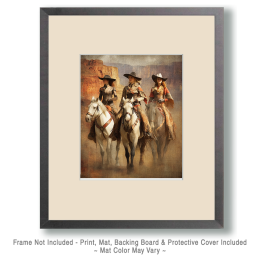 Three Cowgirls Riding Through the Canyon Art