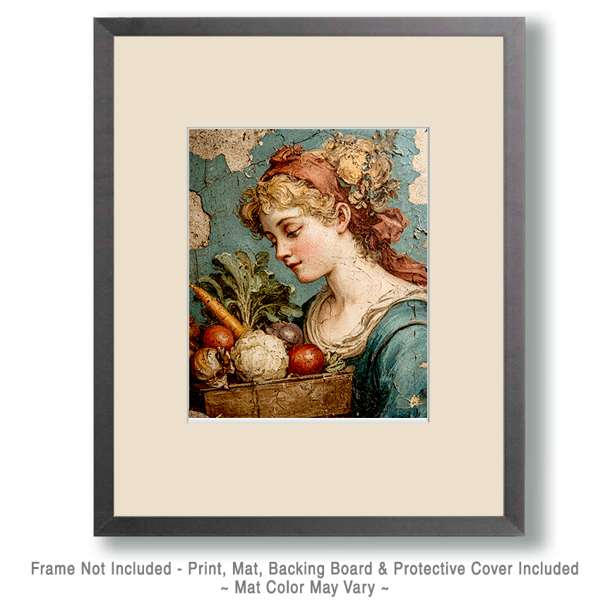 Vintage Rustic Fresco Woman and Vegetables Still-Life - Farmhouse Wall Art 8"x10" Artwork for 11"x14" Frame - Image 2
