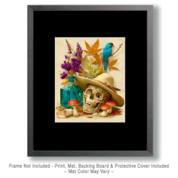 Amanitas, Skull in Hat & Parrot Still-Life Art