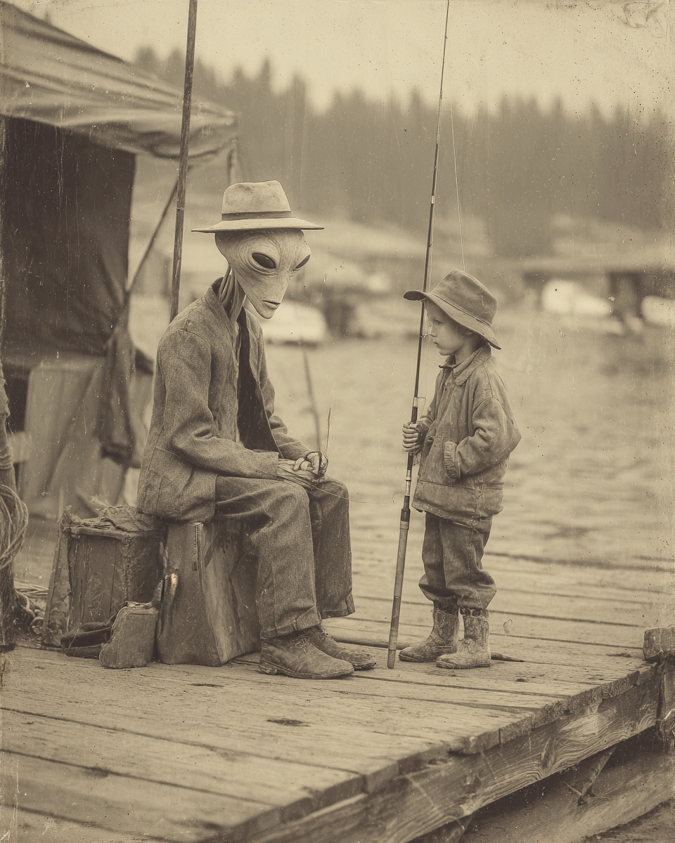 Extraterrestrial Asking Fishing Advice From Young Boy