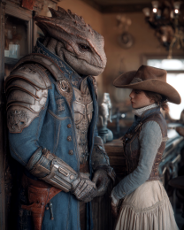 Cowgirl Asking Enceladus Extraterrestrial Soldier for Help