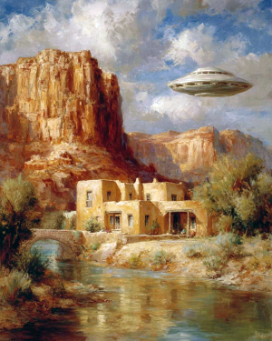 Extraterrestrial Saucer Hovering Over Adobe Home