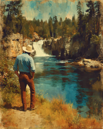 Cowboy Enjoying Waterfall View