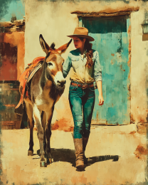 Cowgirl Walking Home with Her Donkey