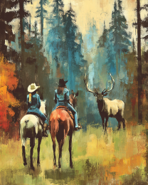 Couple of Cowgirls Confront a Bull Elk