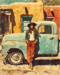 Cowgirl in Front of Her Old Pickup Truck