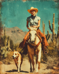 Cowgirl Riding Through Desert with Her Dog