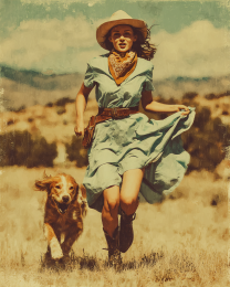 Cowgirl Running with Her Dog