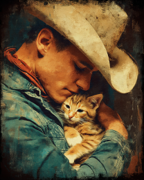 Cowboy Comforting His New Kitten