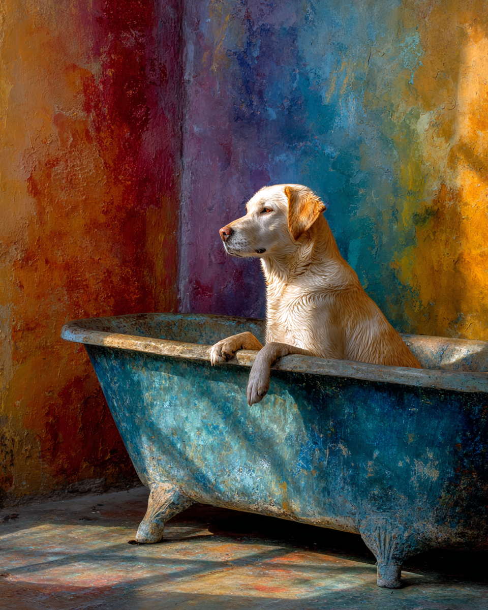 Dogs in Bathtubs Dog Lover Gifts - Chelsea the Labrador Waiting for Her Bath