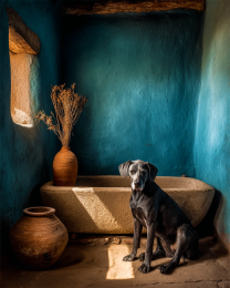 Black Labrador in Adobe Bathroom Still-Life