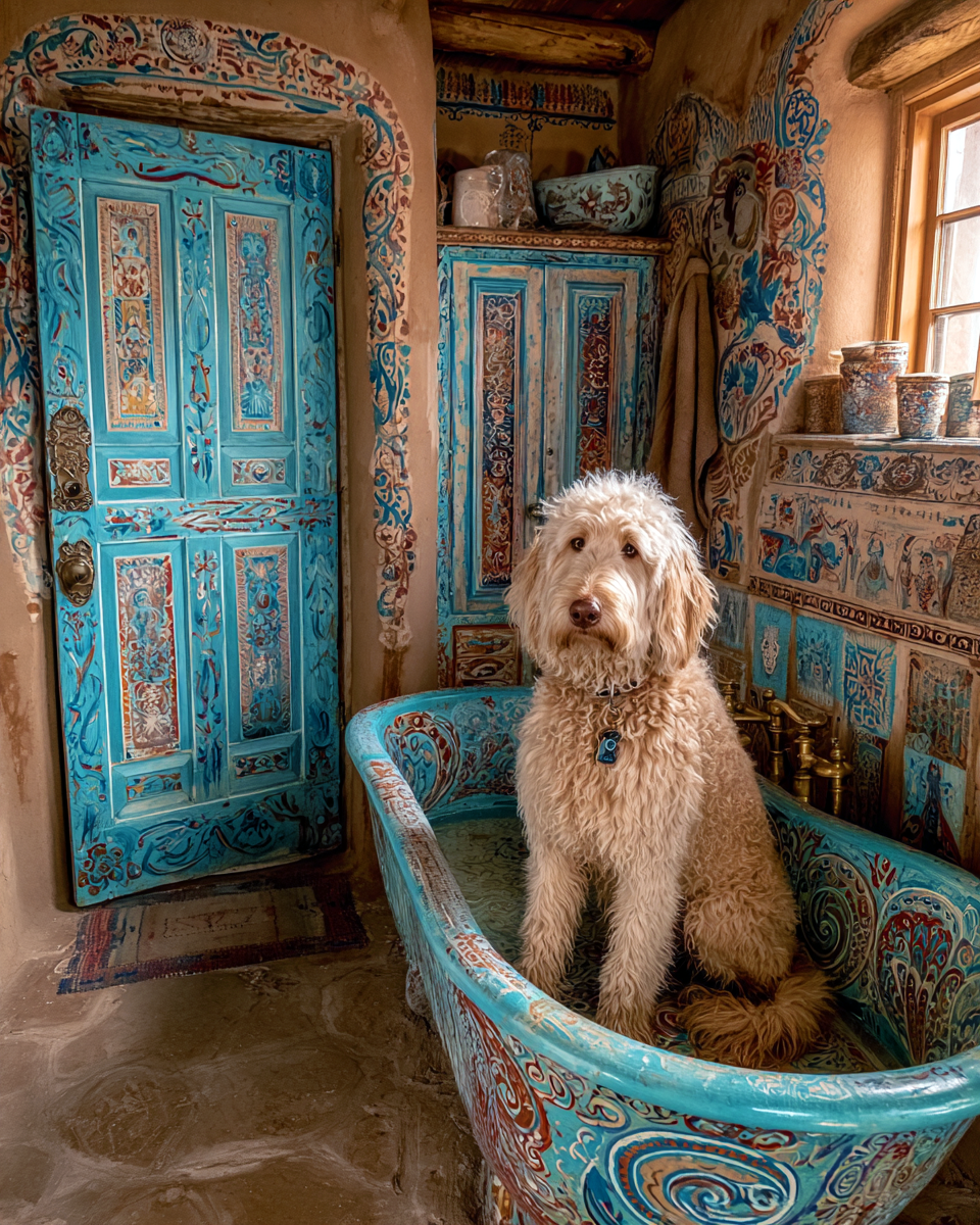 Wet Sheepdog in a Taos Turquoise Bathroom